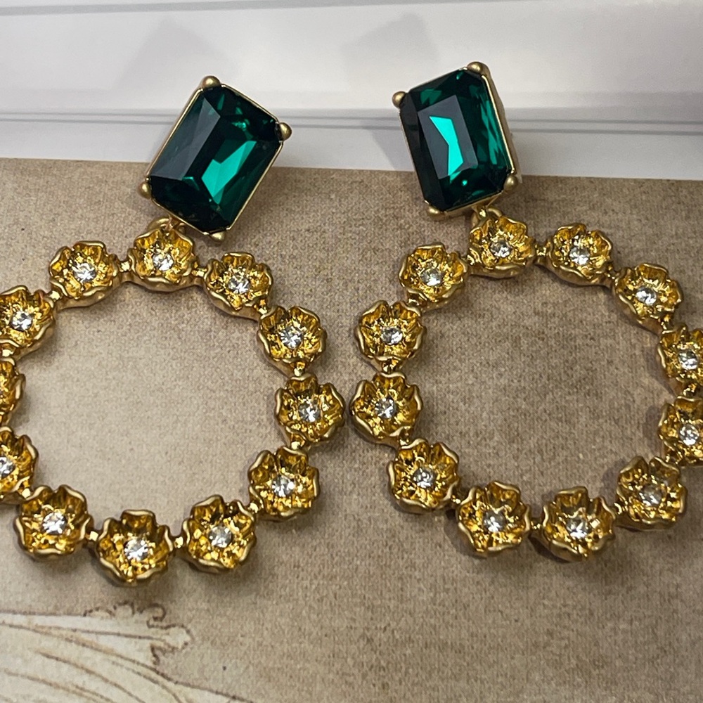 Oscar de La Renta Earrings emerald gold flowers floral Dangle drop hoops signed - Picture 10 of 14